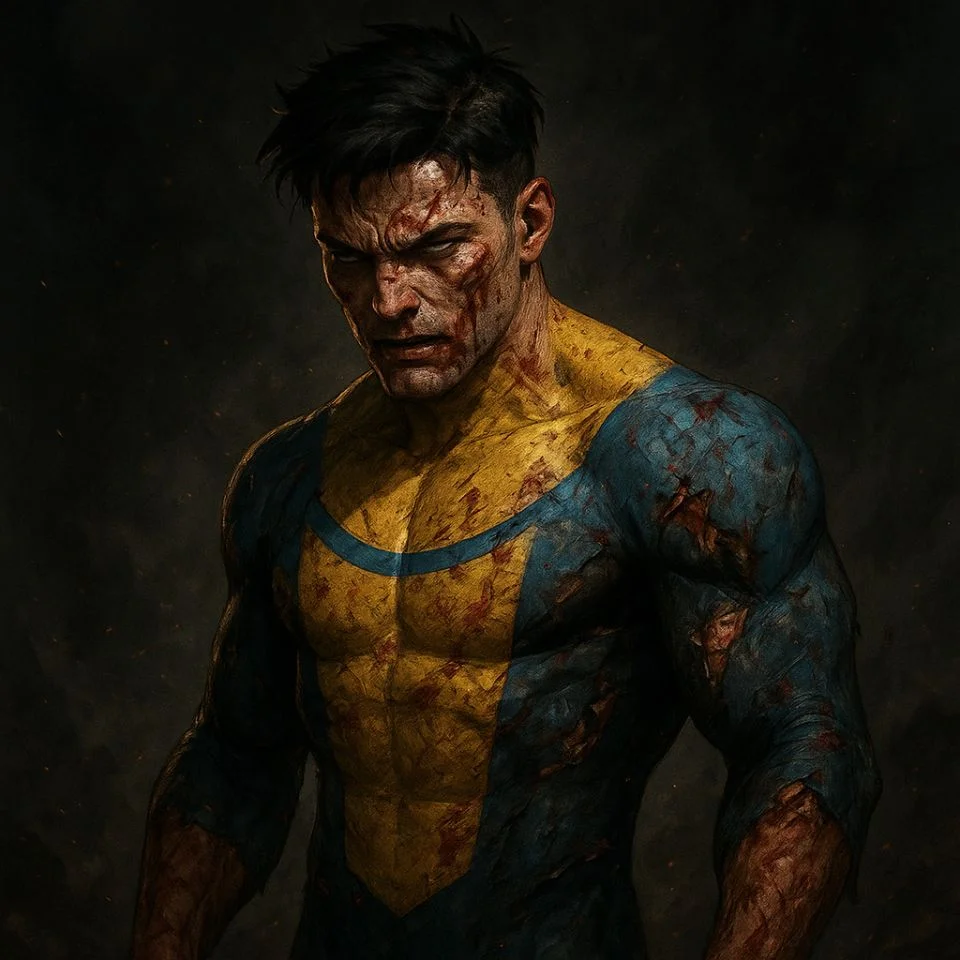 Invincible bloodied and bruised standing after a fierce battle