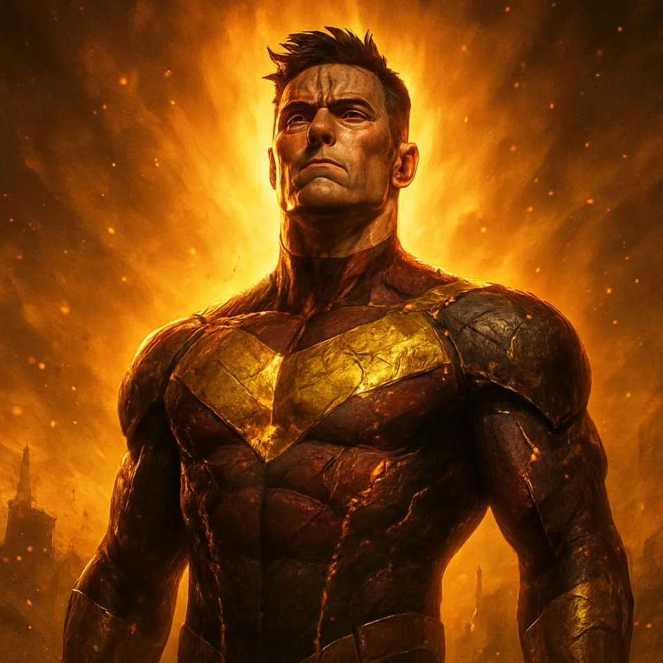 Invincible standing victorious after war with glowing backdrop