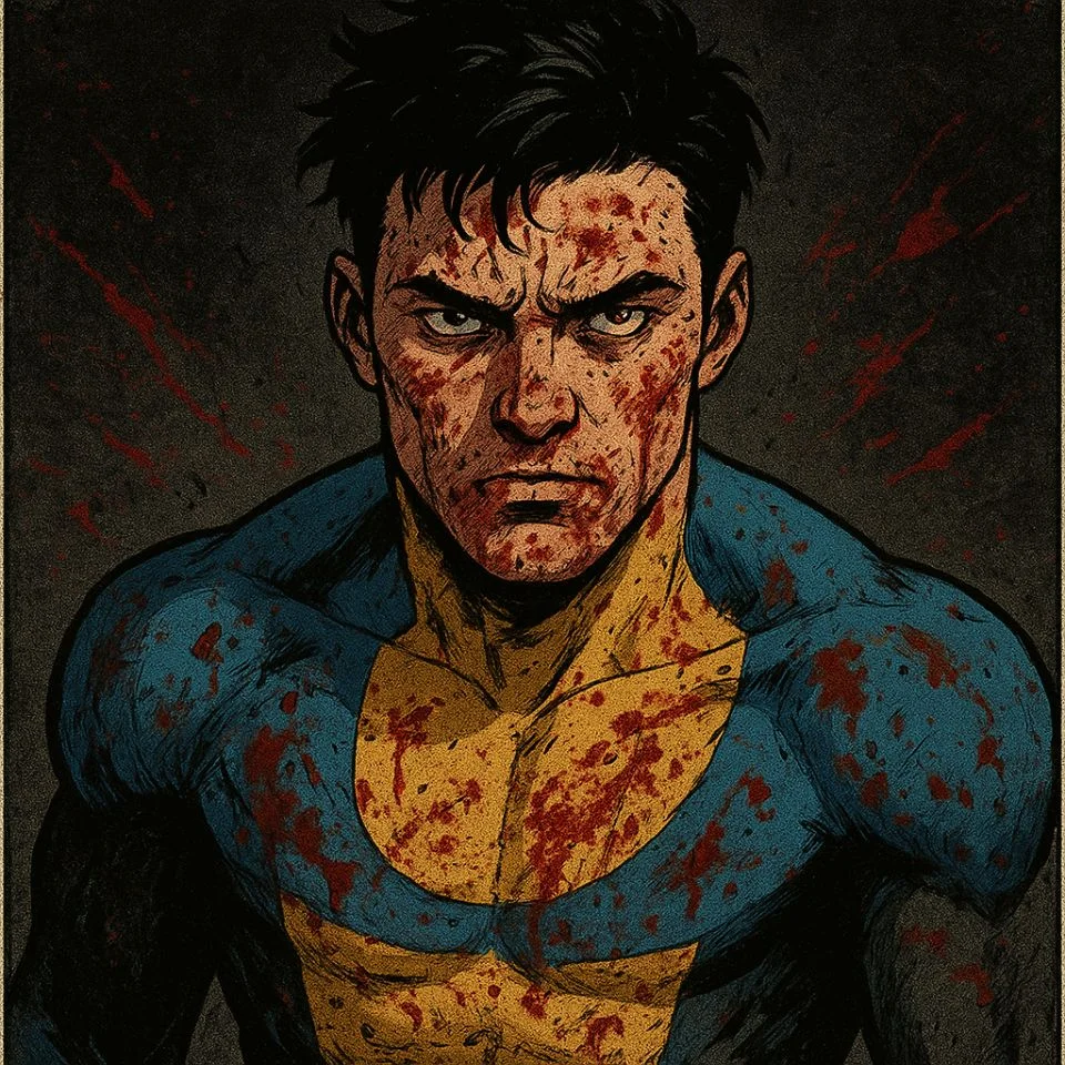 comic panel of Invincible during the war covered in blood