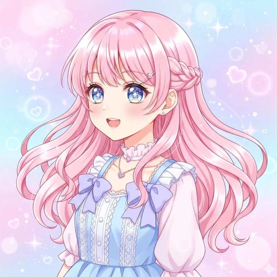 anime girl with pink hair and sparkly kawaii eyes smiling
