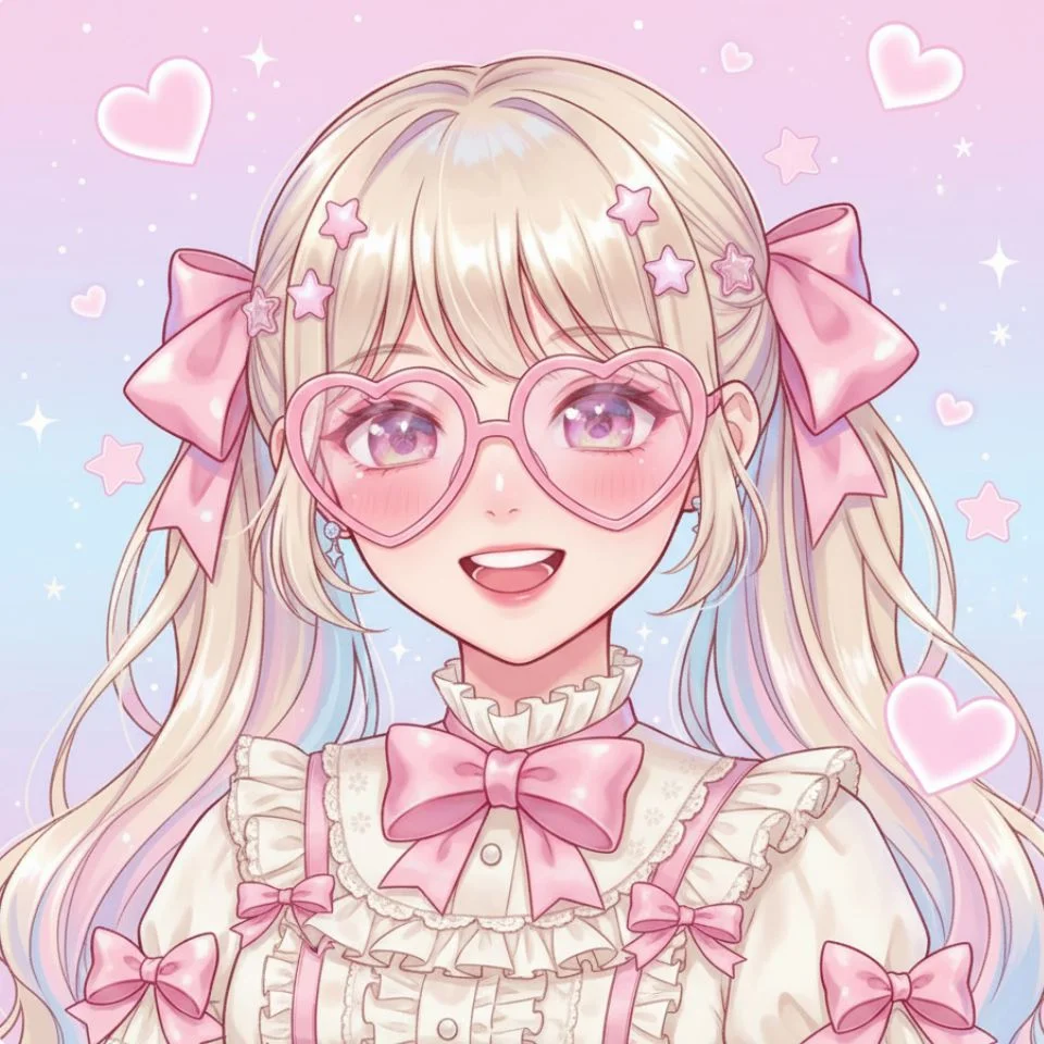 girl with heart-shaped pink glasses and kawaii smile