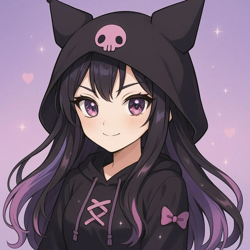 kuromi anime girl with purple outfit and sparkles