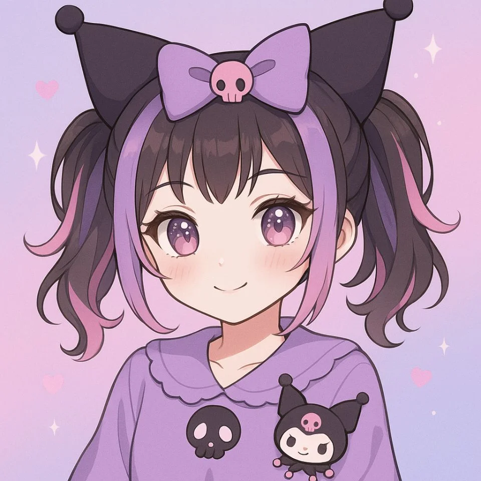 anime kuromi girl with pink highlights and purple outfit