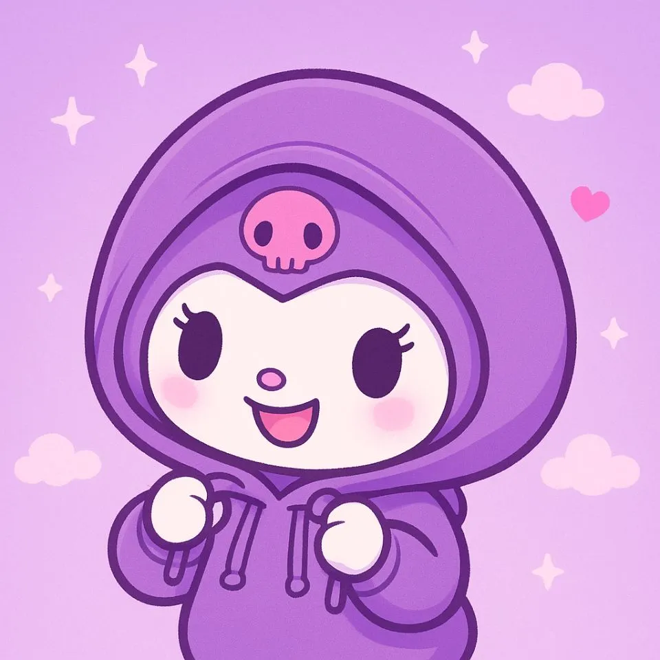 cute kuromi character in purple hoodie smiling
