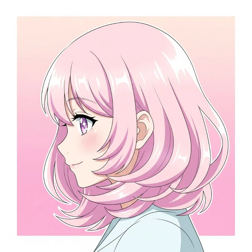 anime girl with light pink hair and soft smile