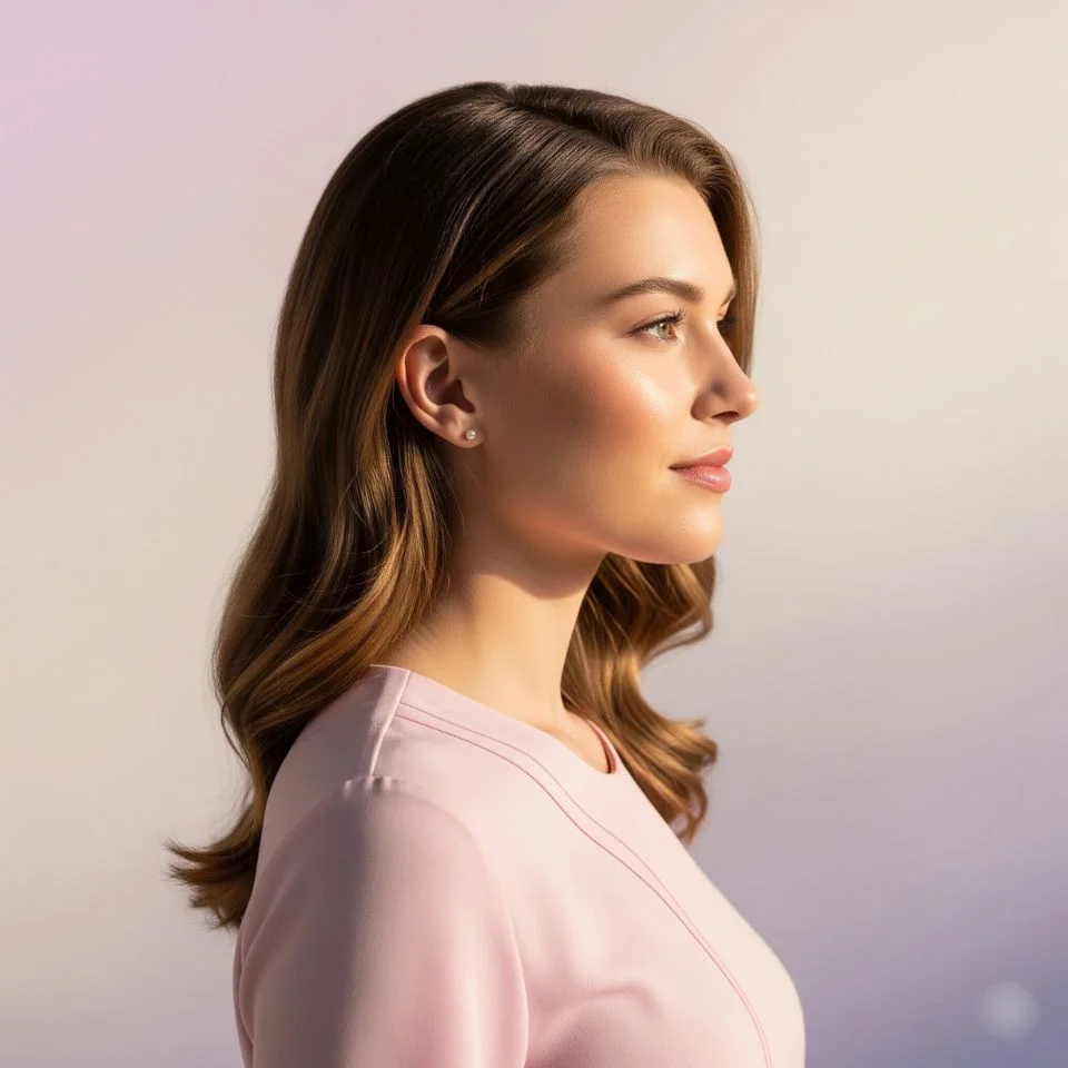 portrait of a model in light pink outfit with pastel backdrop