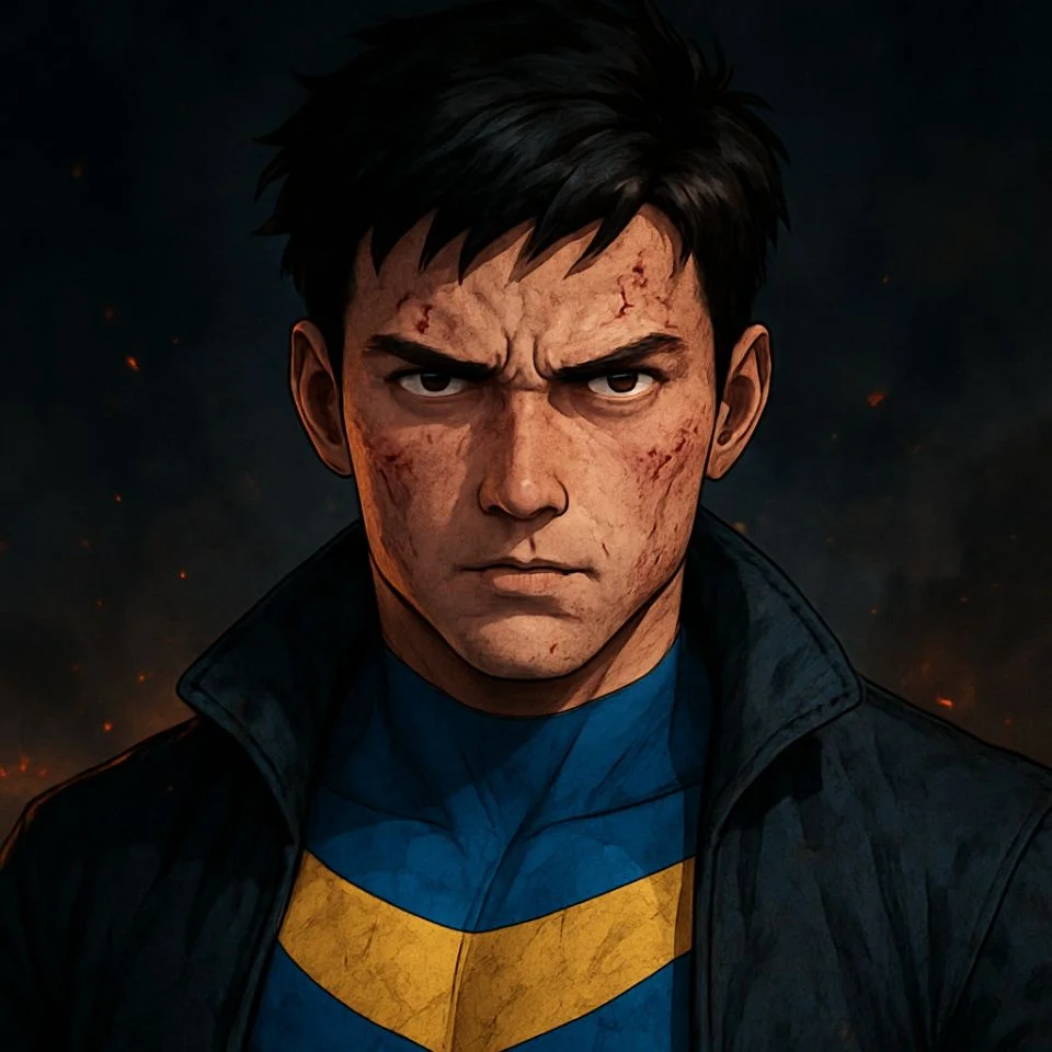 Mark Grayson with scratches on his face preparing to fight