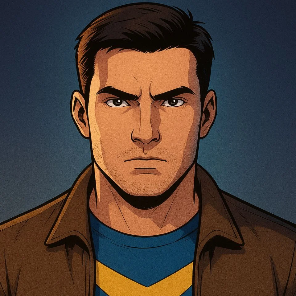 close-up of Mark Grayson with determined eyes and sharp focus