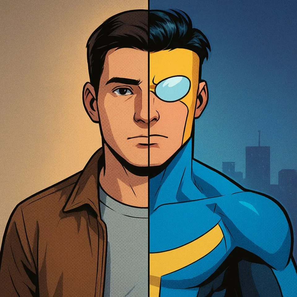 Mark Grayson half in civilian clothes half in Invincible suit
