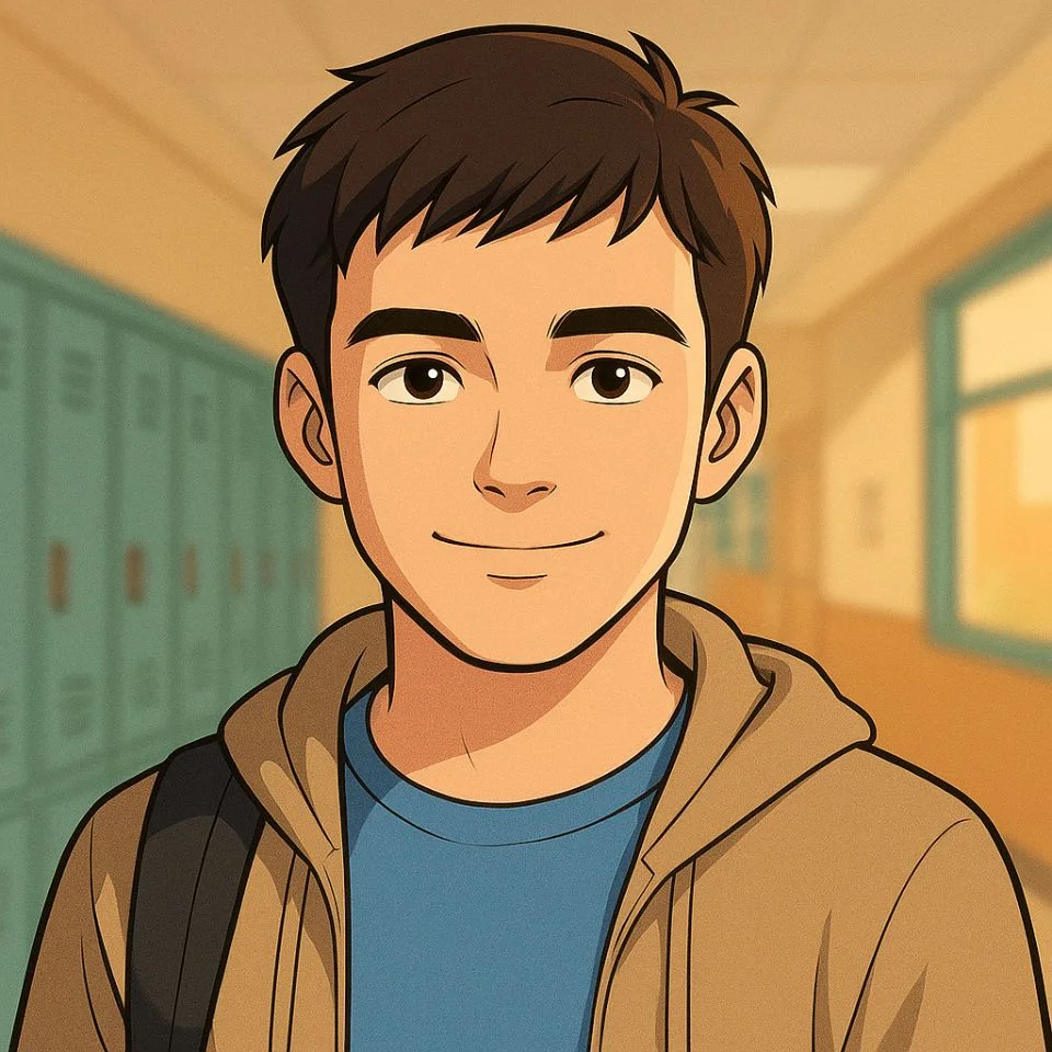 Mark Grayson at school wearing backpack with soft smile