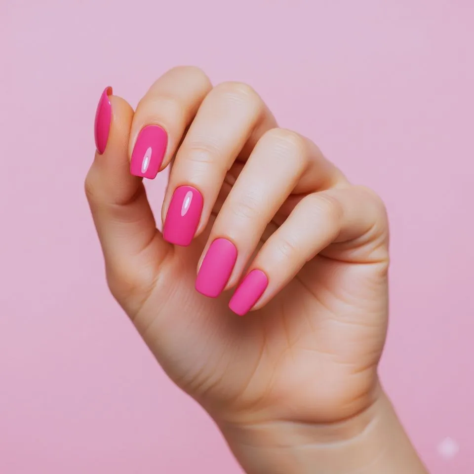 close-up of hand with pink manicure on soft pink backdrop