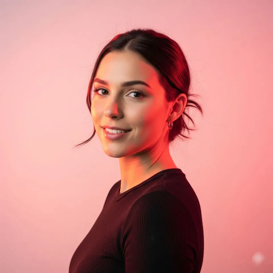 young woman portrait with soft pink lighting and gentle smile