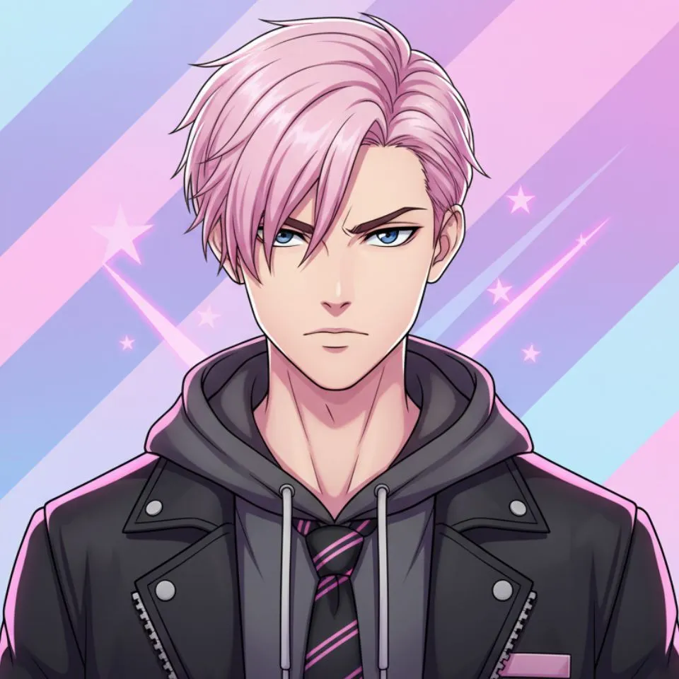 anime boy with short pink hairstyle and serious look