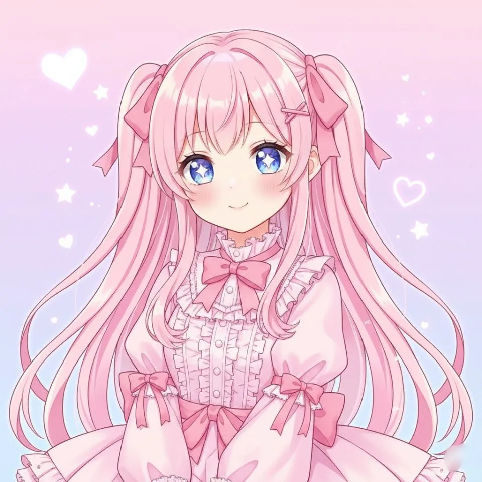 kawaii anime girl in pastel pink outfit with soft blush