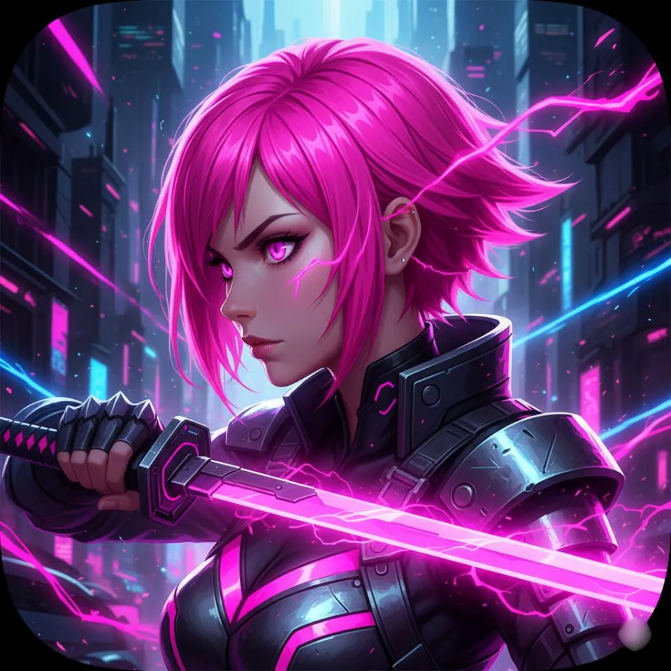 anime girl with neon pink hair holding sword glowing