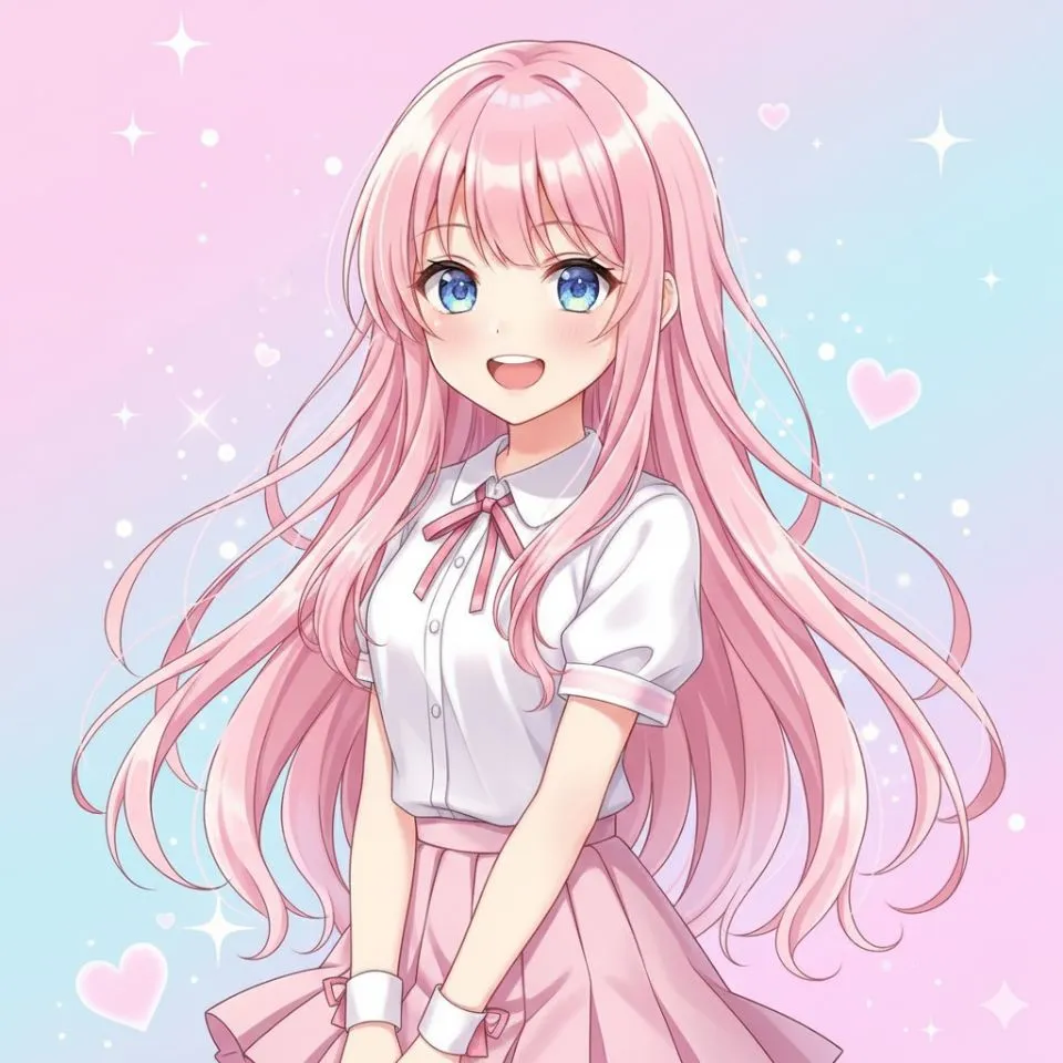 anime girl with long pink hair and sparkling eyes smiling