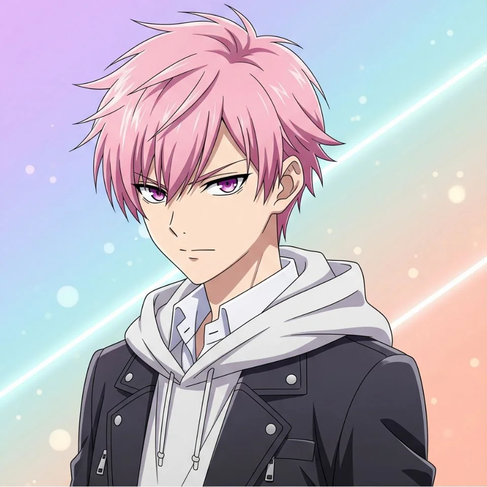 anime boy with short pink hair and serious expression
