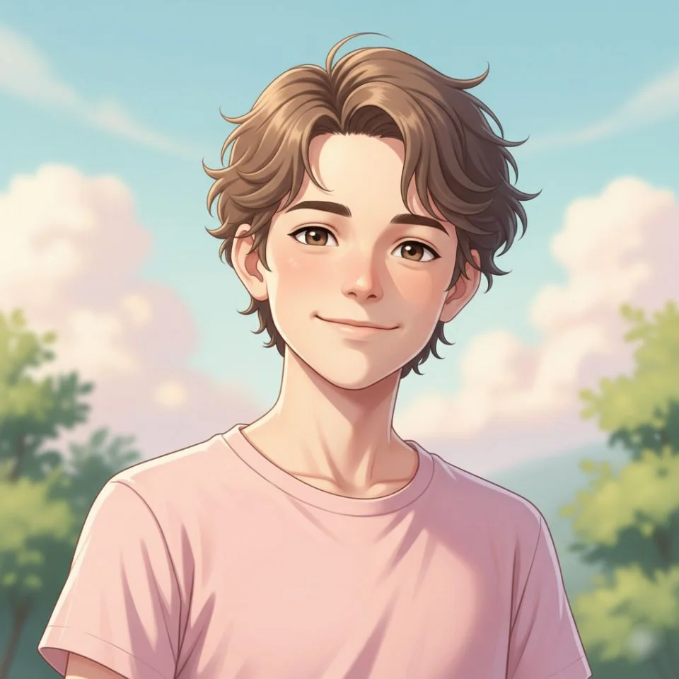 casual boy smiling in light pink t-shirt outdoors