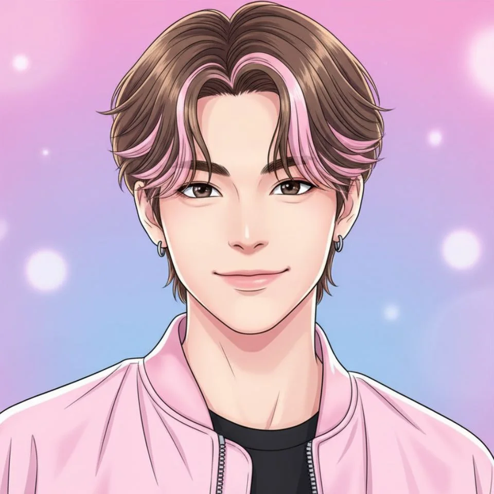 stylish boy with k-pop hairstyle wearing pink jacket