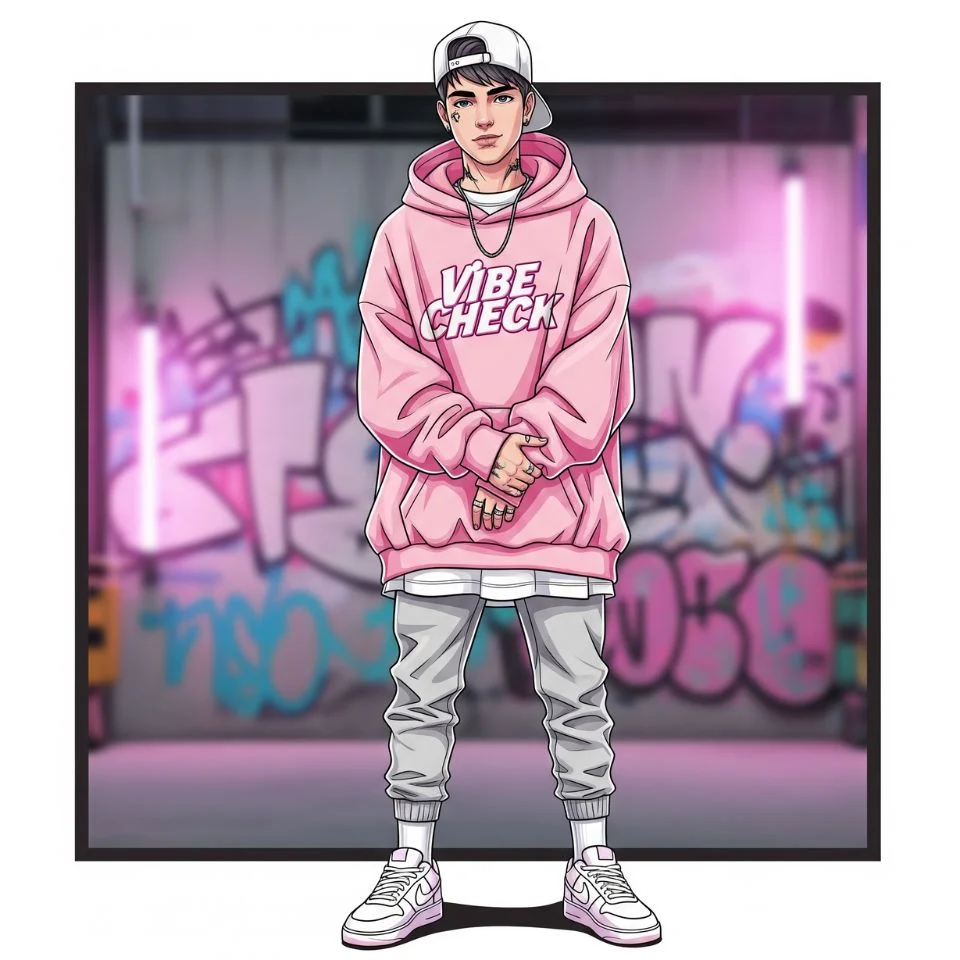 boy in pink streetwear hoodie standing against urban backdrop