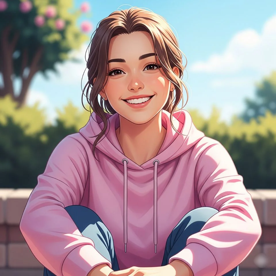 girl in casual pink hoodie sitting outdoors smiling