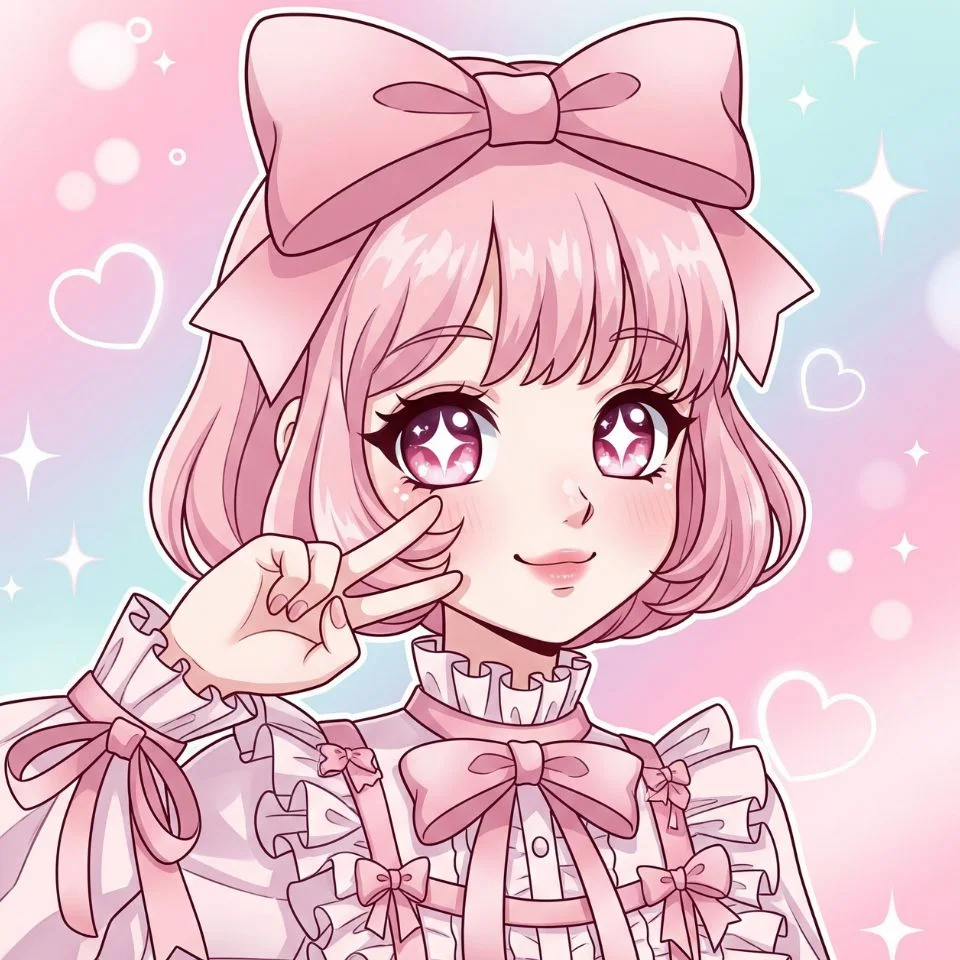 kawaii-style girl with big eyes, pink bow, and playful pose