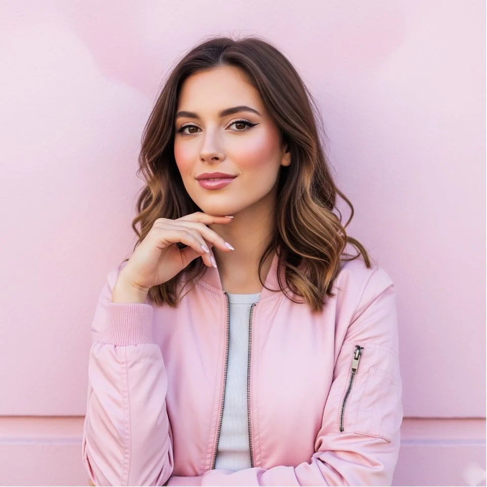fashionable girl in pink jacket posing against pastel wall