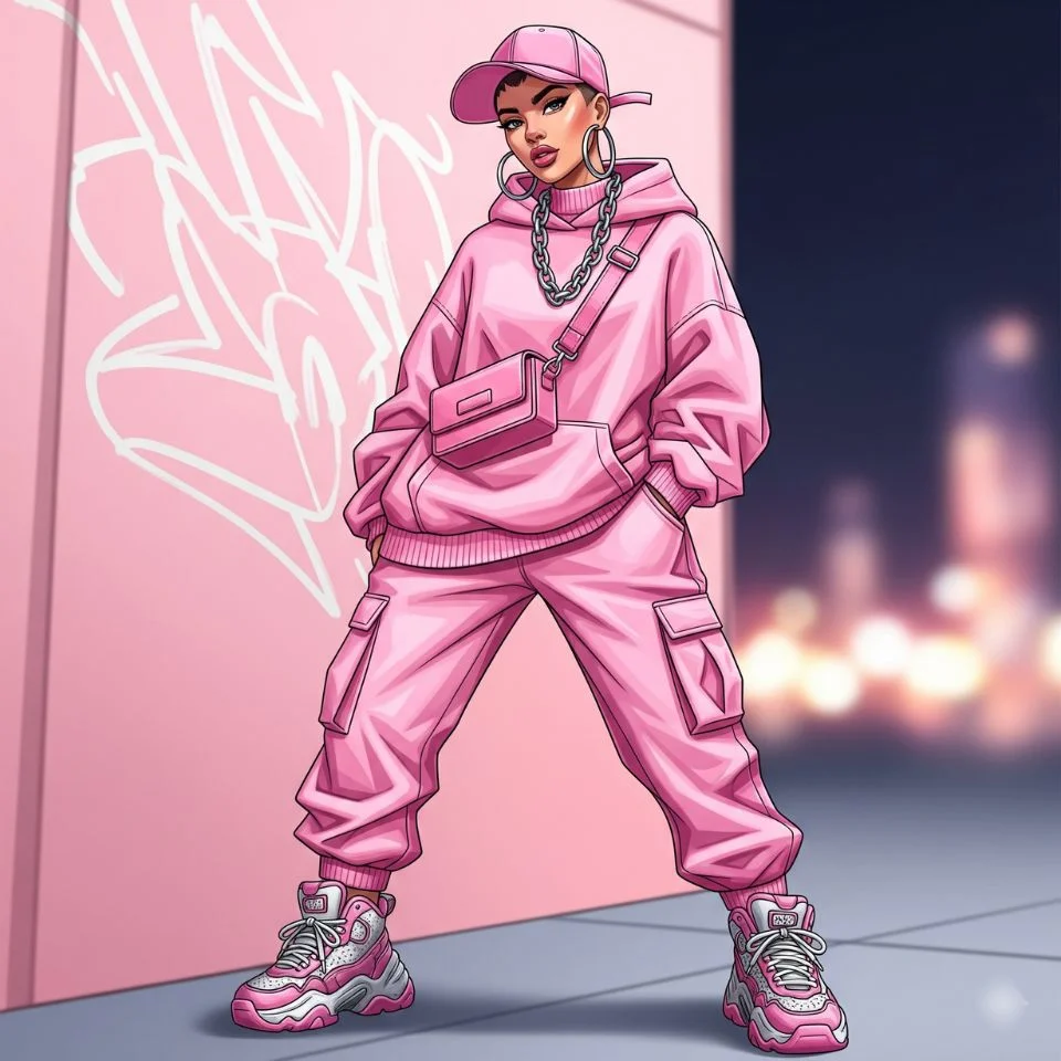 stylish young woman in pink streetwear posing with confidence