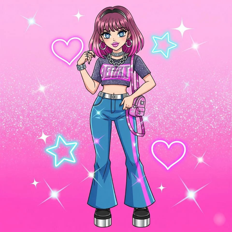 anime girl in Y2K fashion with pink highlights