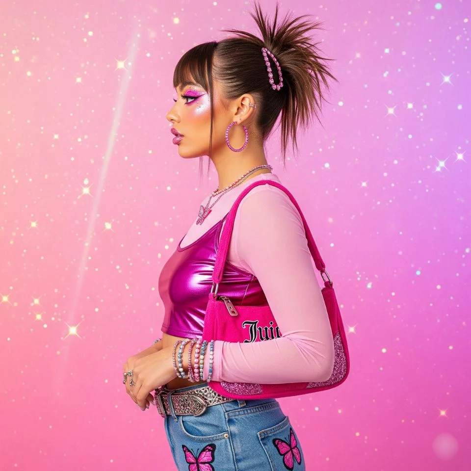 portrait of young woman with Y2K pink outfit and glossy makeup