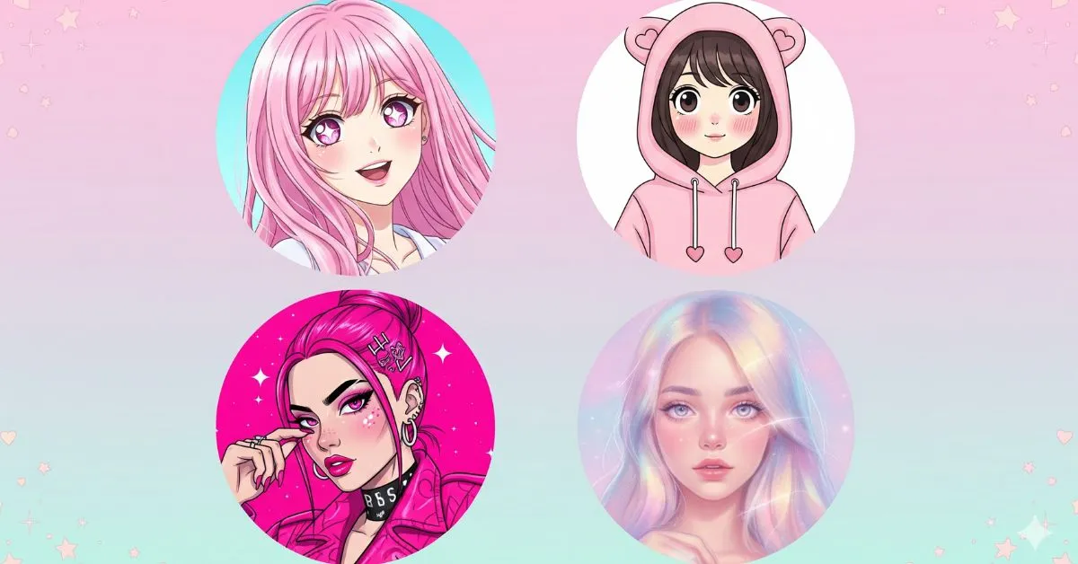 aesthetic pink profile picture collage with cute anime and pastel styles
