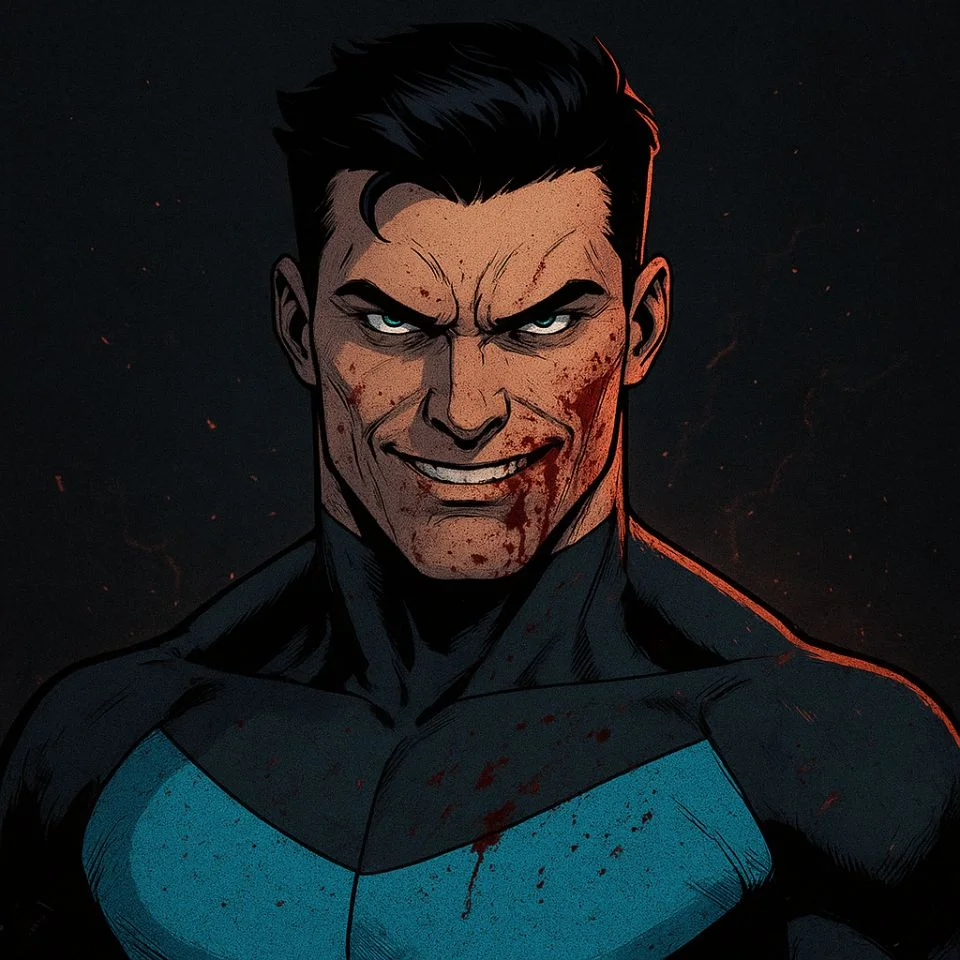 Invincible with blood-stained face and menacing smile