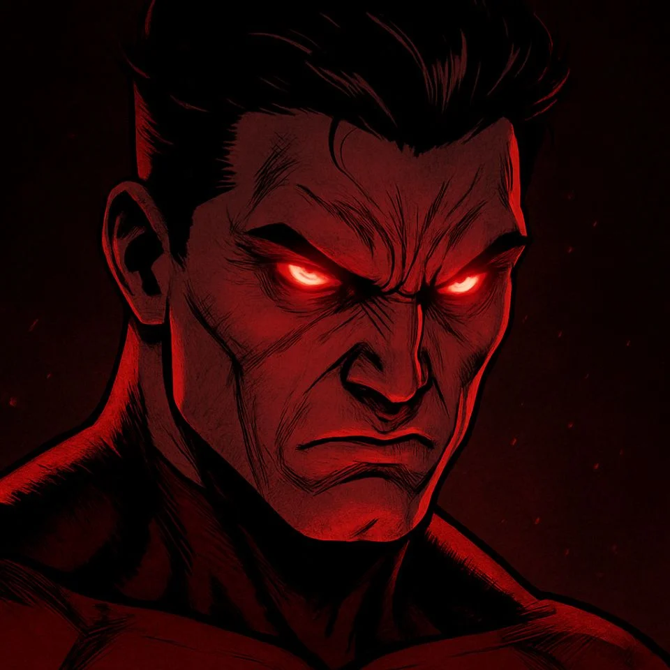 close-up of Invincible with sinister glare and red glow