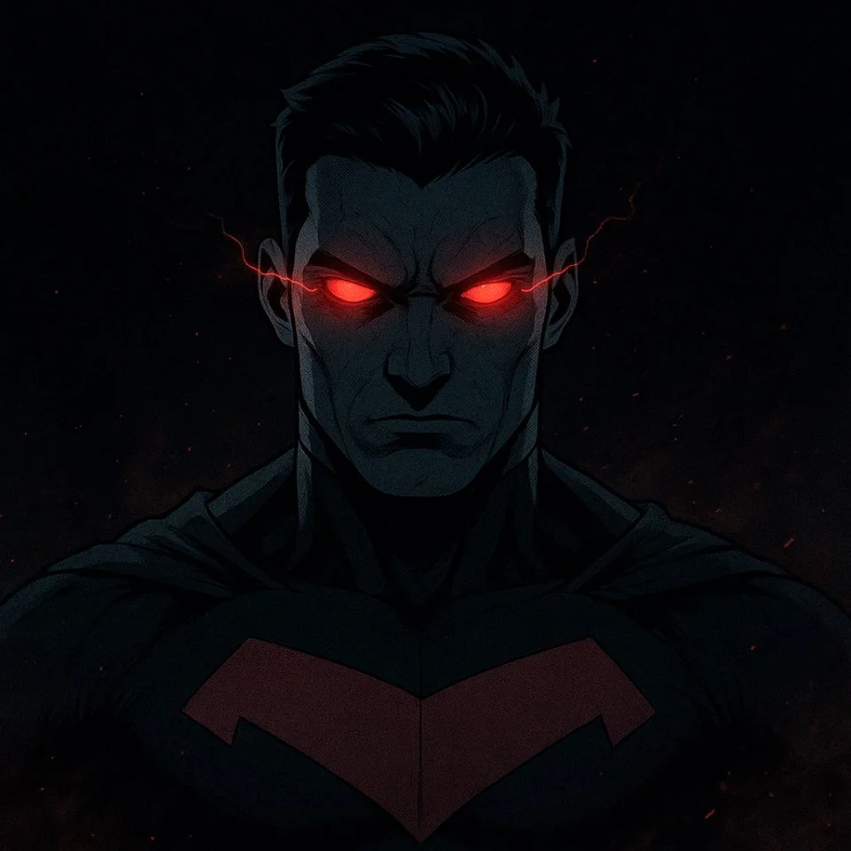 evil Invincible with glowing red eyes and dark aura