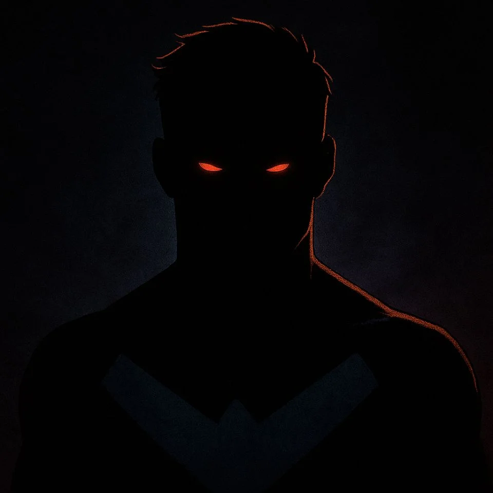 shadowy Invincible with glowing background in dark tones