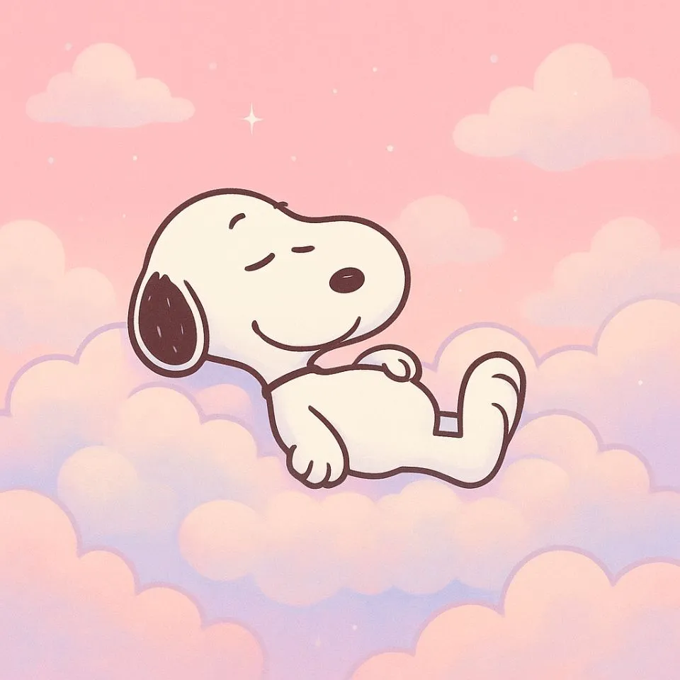 Snoopy lying on fluffy pink clouds cartoon style