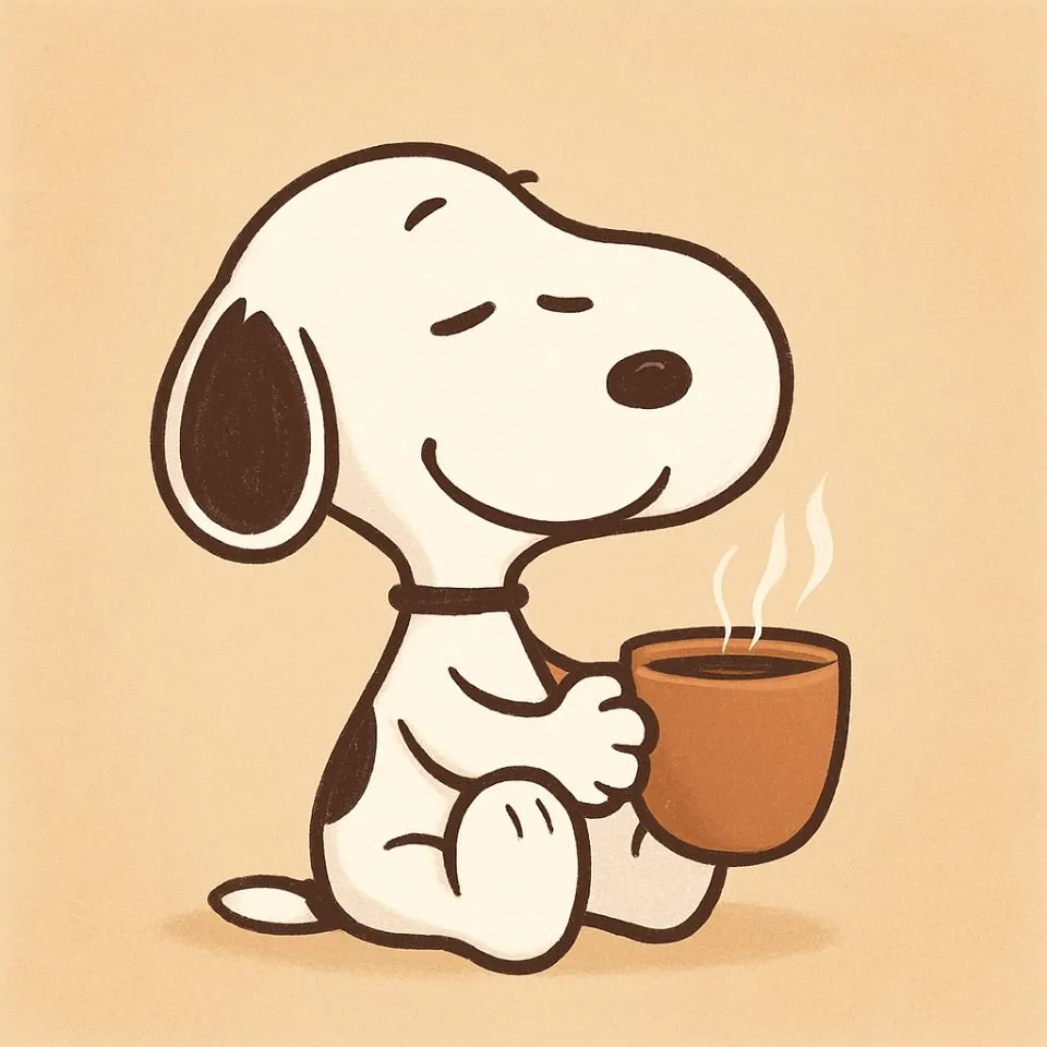 Snoopy sipping coffee with cozy vibe