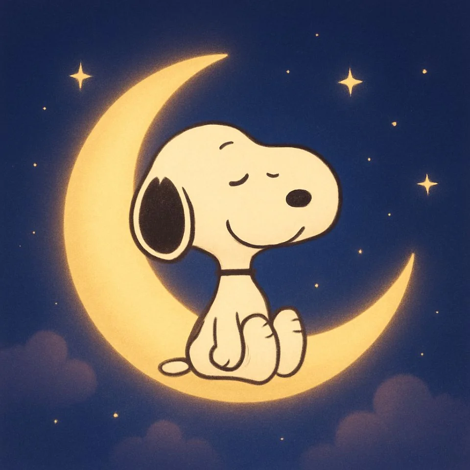Snoopy sitting on crescent moon with stars