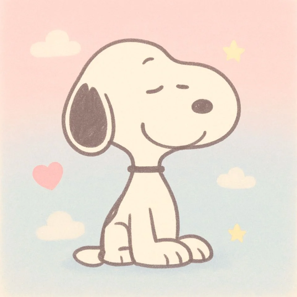 Snoopy sitting with pastel pink and blue background