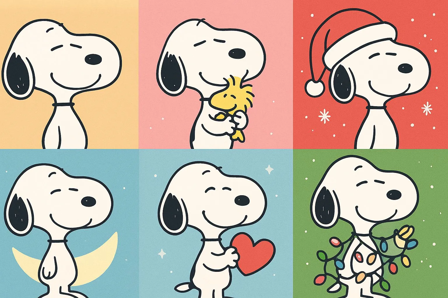 collage of Snoopy profile pictures including cute, aesthetic, and Christmas styles