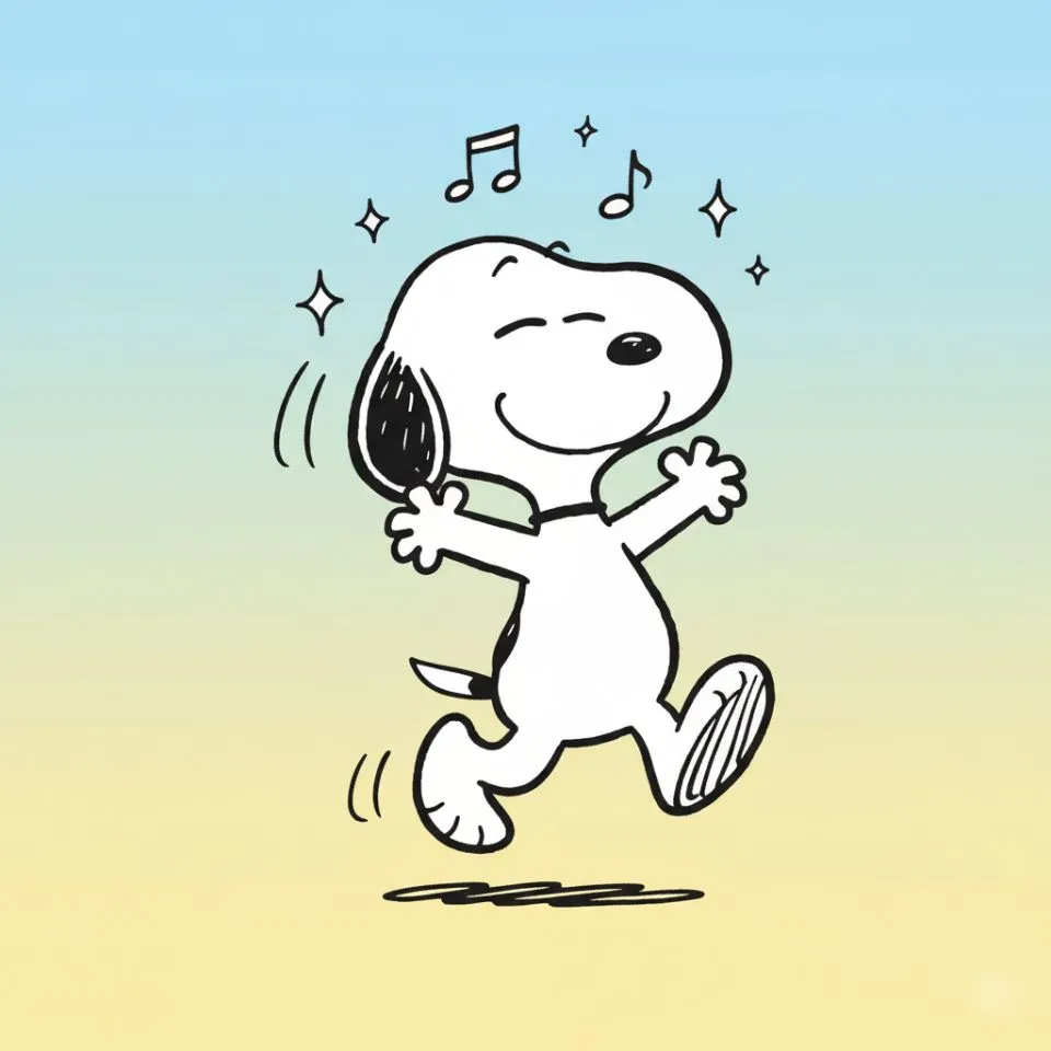 Snoopy dancing joyfully with a big smile