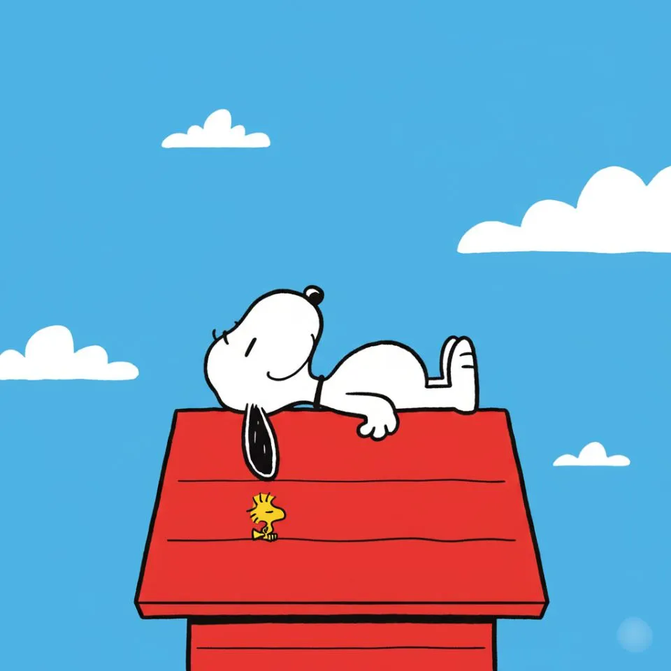 Snoopy lying on his red doghouse under blue sky