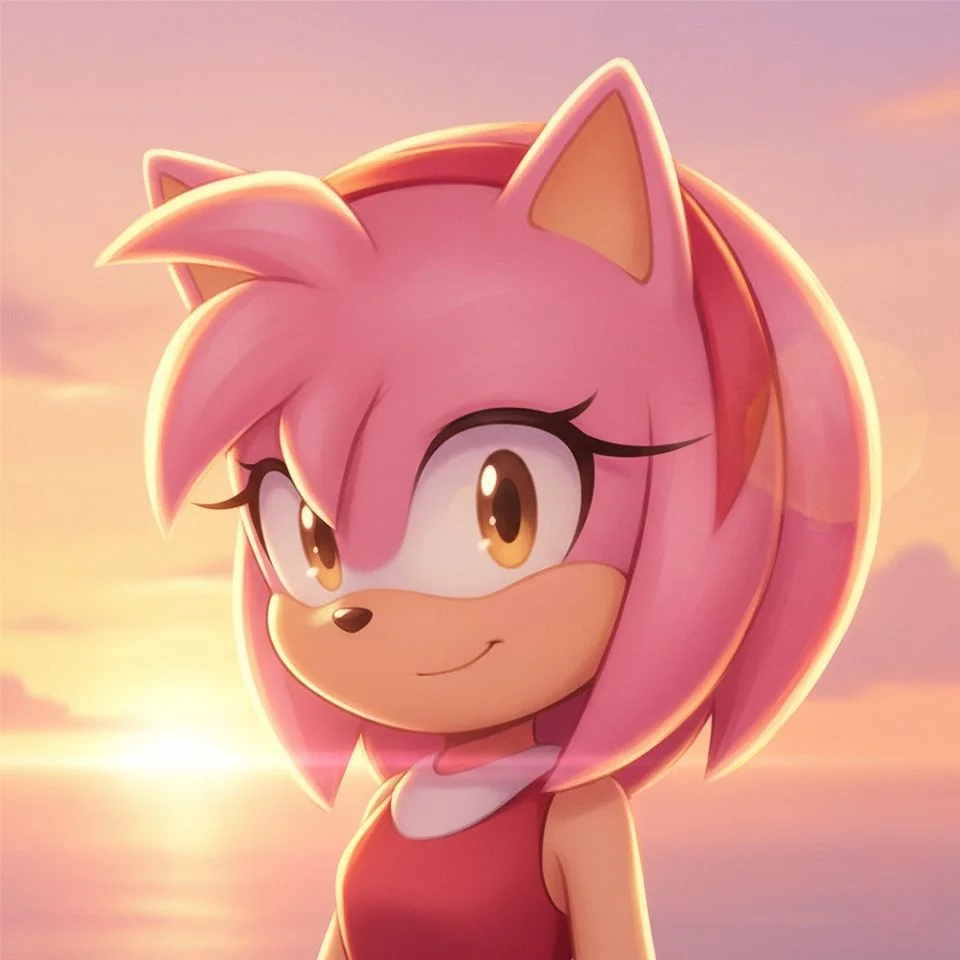 Amy Rose aesthetic PFP with pink and orange sunset gradient.