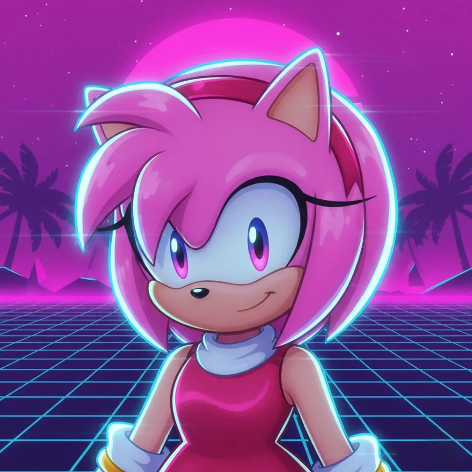 Vaporwave Amy Rose PFP with retro neon grid.