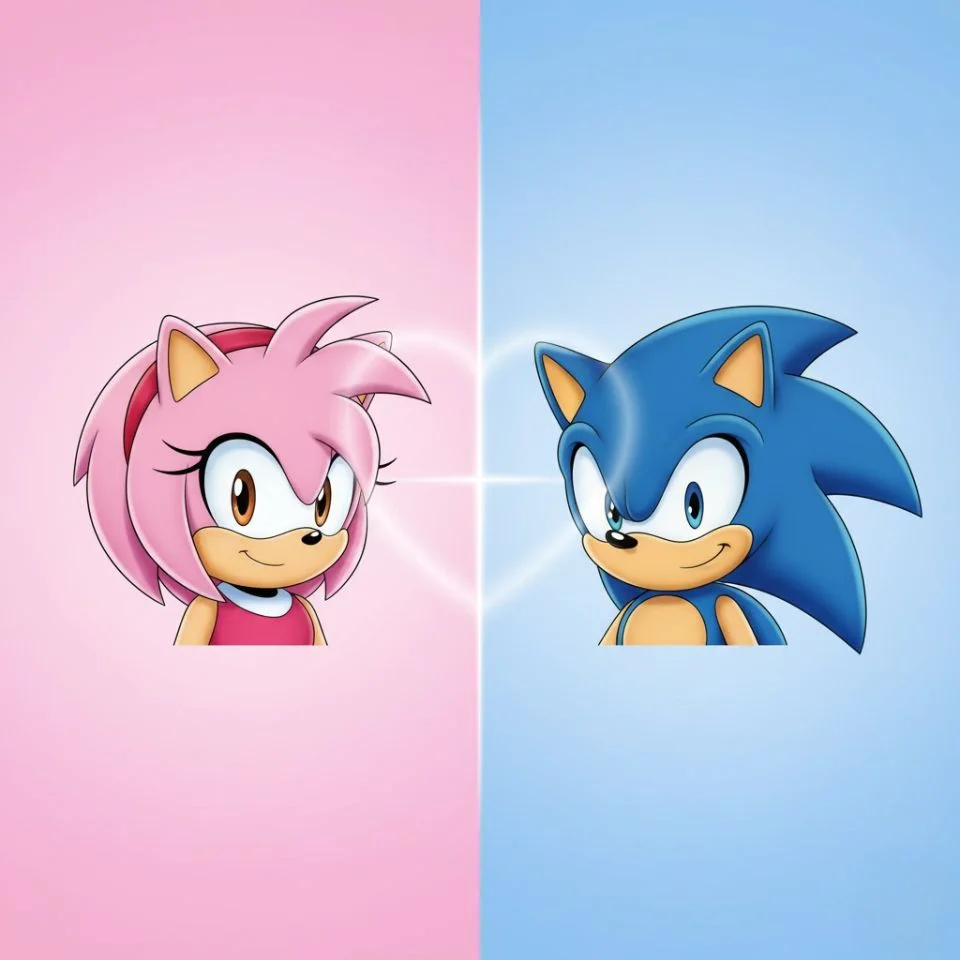 Amy Rose and Sonic matching icons with split pink-blue background.
