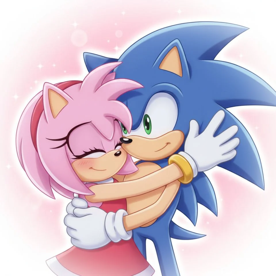 Amy Rose hugging Sonic, couple PFP with soft glow.