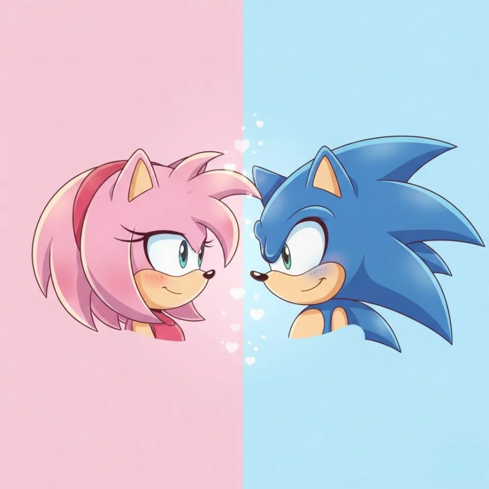 Matching Amy Rose and Sonic couple PFP with pink and blue background.