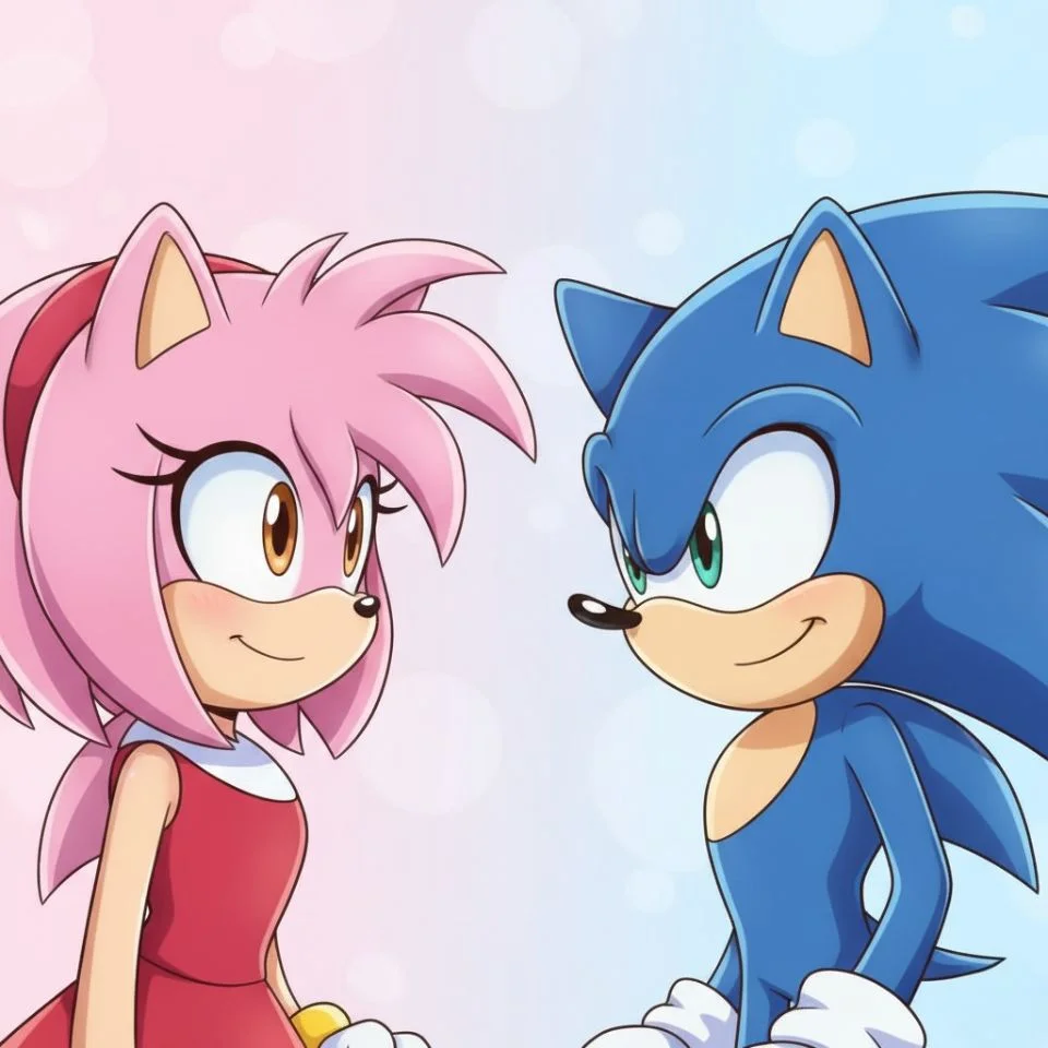 Matching smiling PFPs of Amy Rose and Sonic with soft pink-blue gradient.