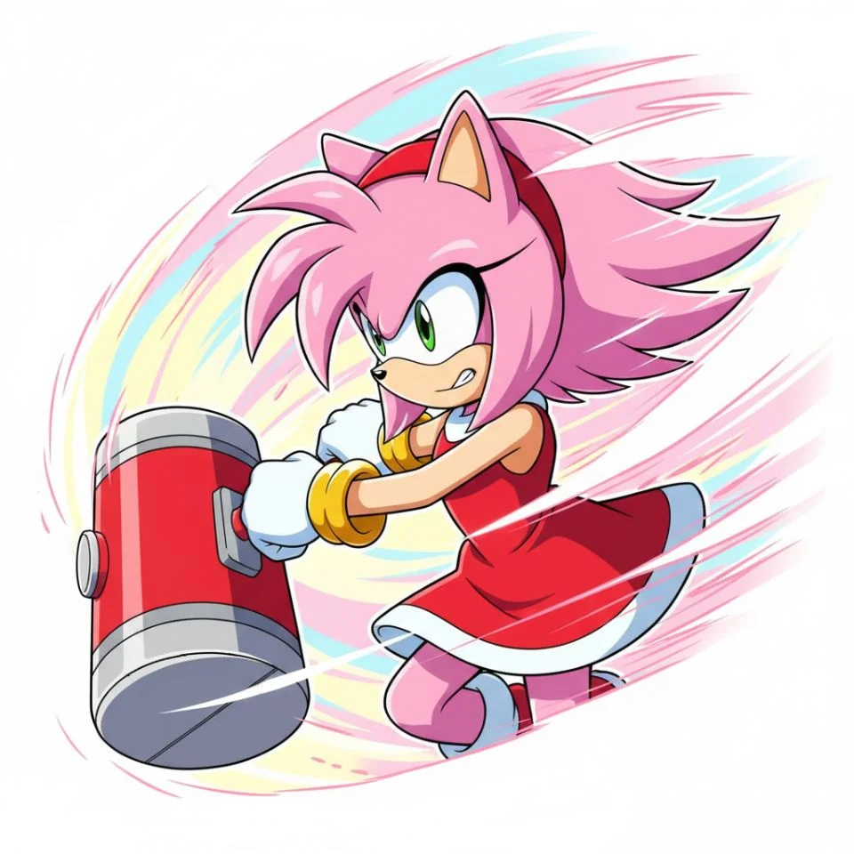 Anime Amy Rose swinging hammer with motion blur.