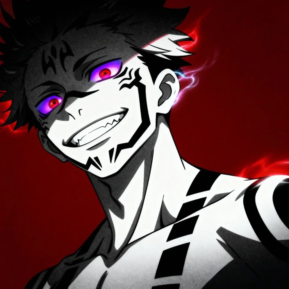 Anime Sukuna face tattoo close-up with glowing eyes.